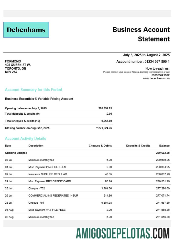 Realista Reino Unido Debenhams Business Checking modelo de extrato de conta Word e PDF
